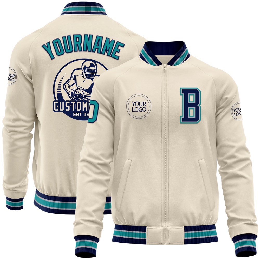 Custom Cream Teal Navy Gray Bomber Varsity Baseball Jacket, Custom Team Jacket