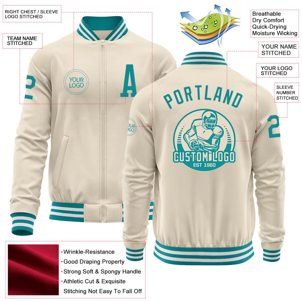Custom Cream Teal White Bomber Varsity Baseball Jacket, Custom Team Jacket Custom Cream Teal White Bomber Varsity Baseball Jacket, Custom Team Jacket