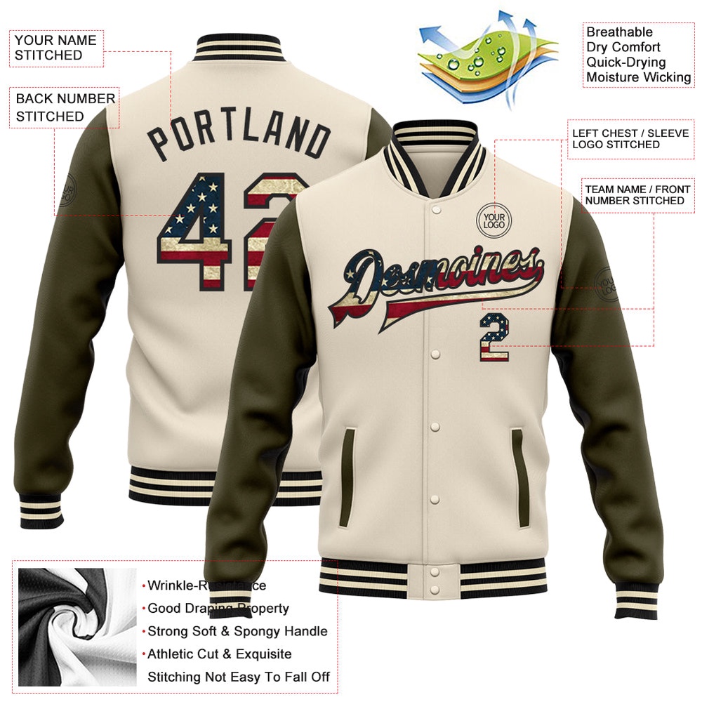 Custom Cream Vintage USA Flag Olive Black Bomber Full Snap Varsity Baseball Jacket, Custom Team Jacket Custom Cream Vintage USA Flag Olive Black Bomber Full Snap Varsity Baseball Jacket, Custom Team Jacket