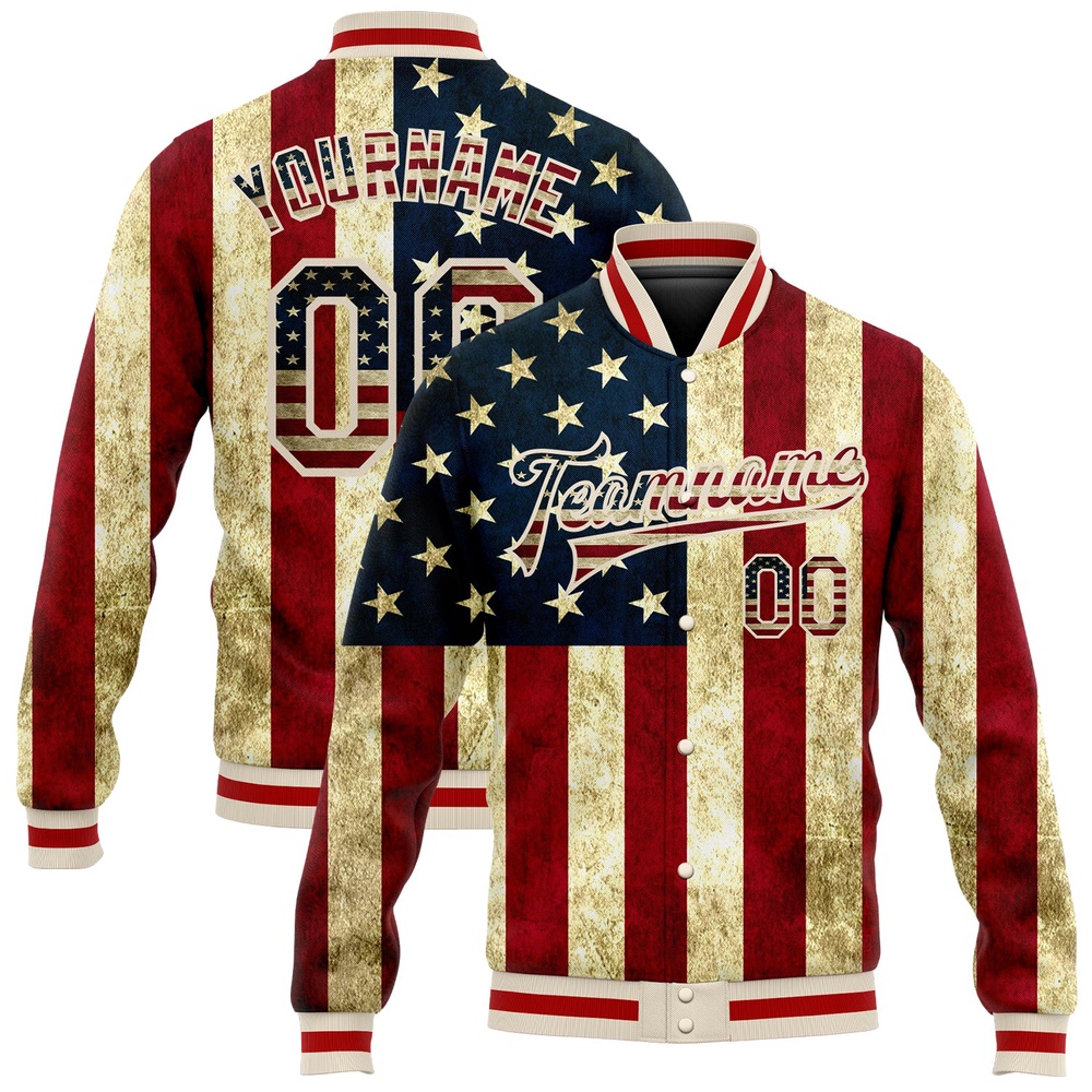 Custom Cream Vintage USA Flag Red American Flag Fashion 3D Bomber Full Snap Baseball Jacket, Custom Team Jacket Custom Cream Vintage USA Flag Red American Flag Fashion 3D Bomber Full Snap Baseball Jacket, Custom Team Jacket