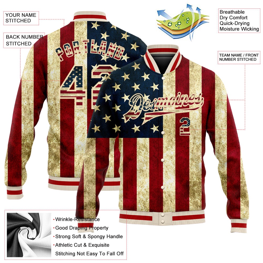 Custom Cream Vintage USA Flag Red American Flag Fashion 3D Bomber Full Snap Baseball Jacket, Custom Team Jacket Custom Cream Vintage USA Flag Red American Flag Fashion 3D Bomber Full Snap Baseball Jacket, Custom Team Jacket