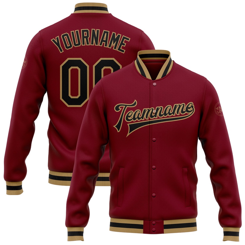 Custom Crimson Black Old Gold Bomber Full Snap Baseball Jacket, Custom Team Jacket Custom Crimson Black Old Gold Bomber Full Snap Baseball Jacket, Custom Team Jacket