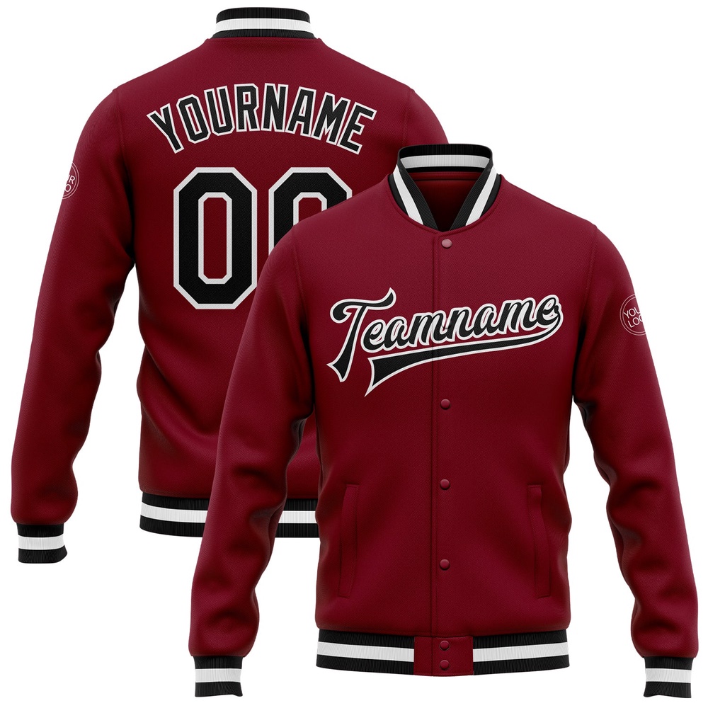 Custom Crimson Black White Bomber Full Snap Baseball Jacket, Custom Team Jacket