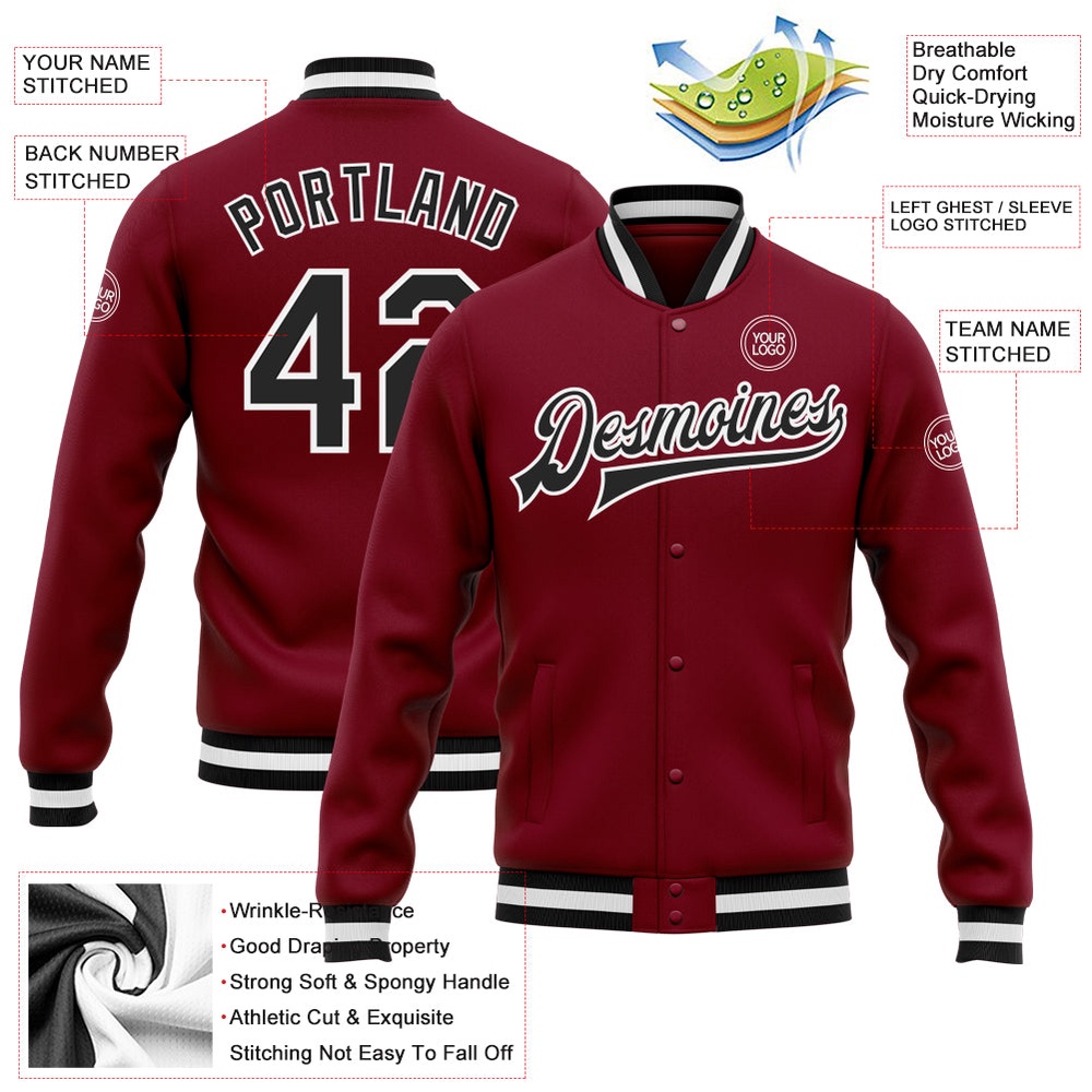 Custom Crimson Black White Bomber Full Snap Baseball Jacket, Custom Team Jacket