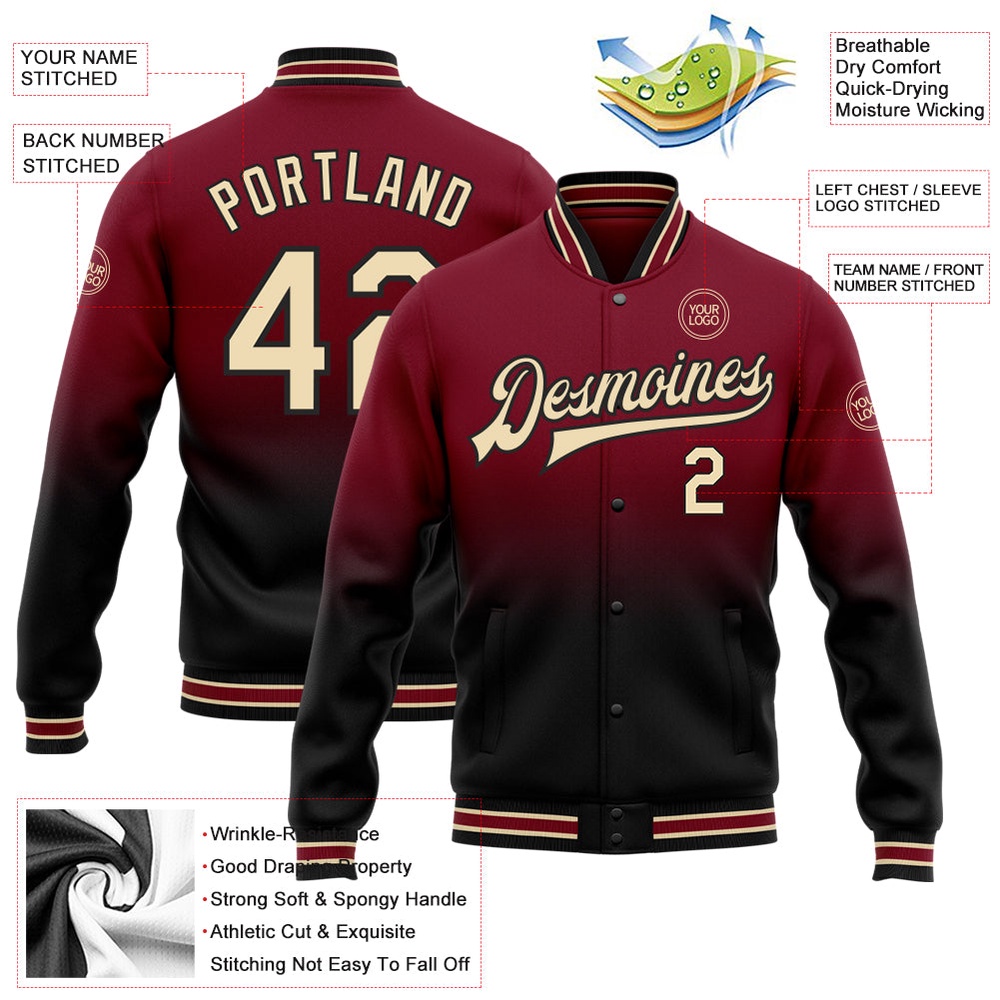 Custom Crimson City Cream Black Bomber Full Snap Baseball Jacket, Custom Team Jacket Custom Crimson City Cream Black Bomber Full Snap Baseball Jacket, Custom Team Jacket
