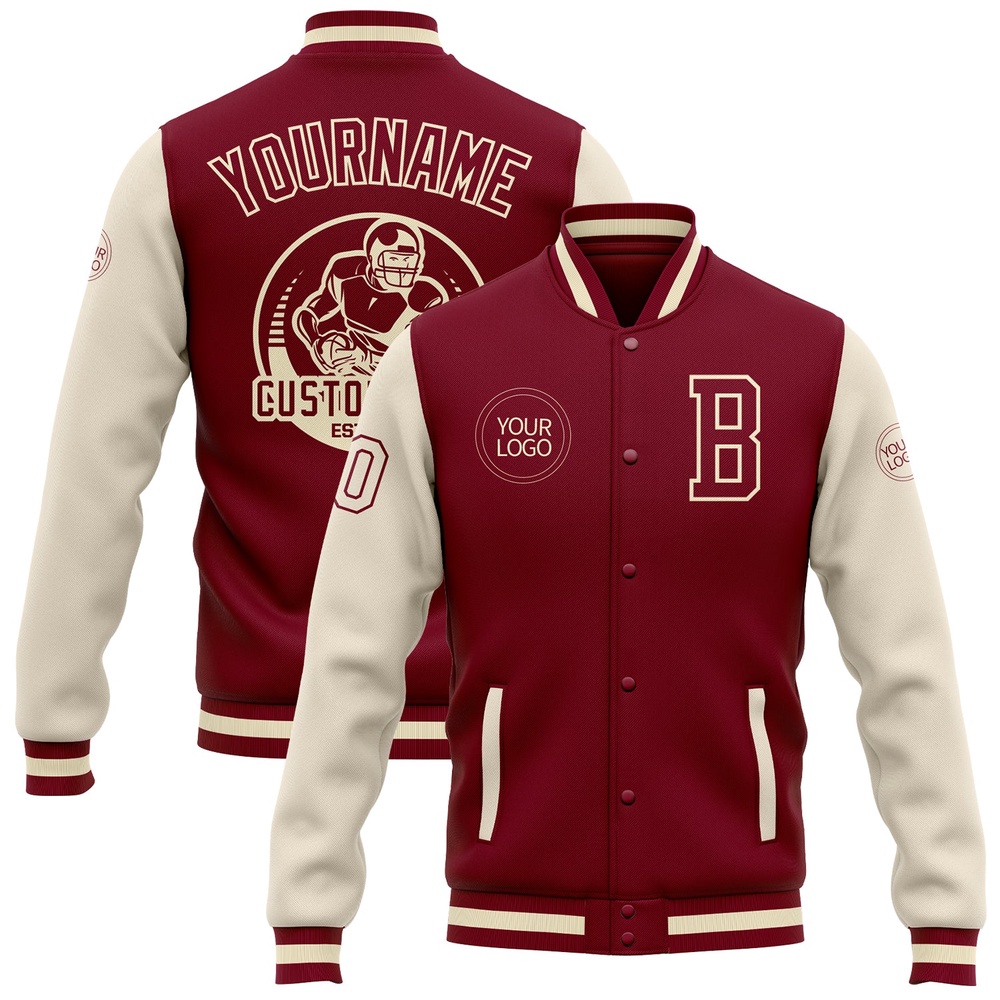 Custom Crimson Cream Maroon Bomber Full Snap Varsity Baseball Jacket, Custom Team Jacket