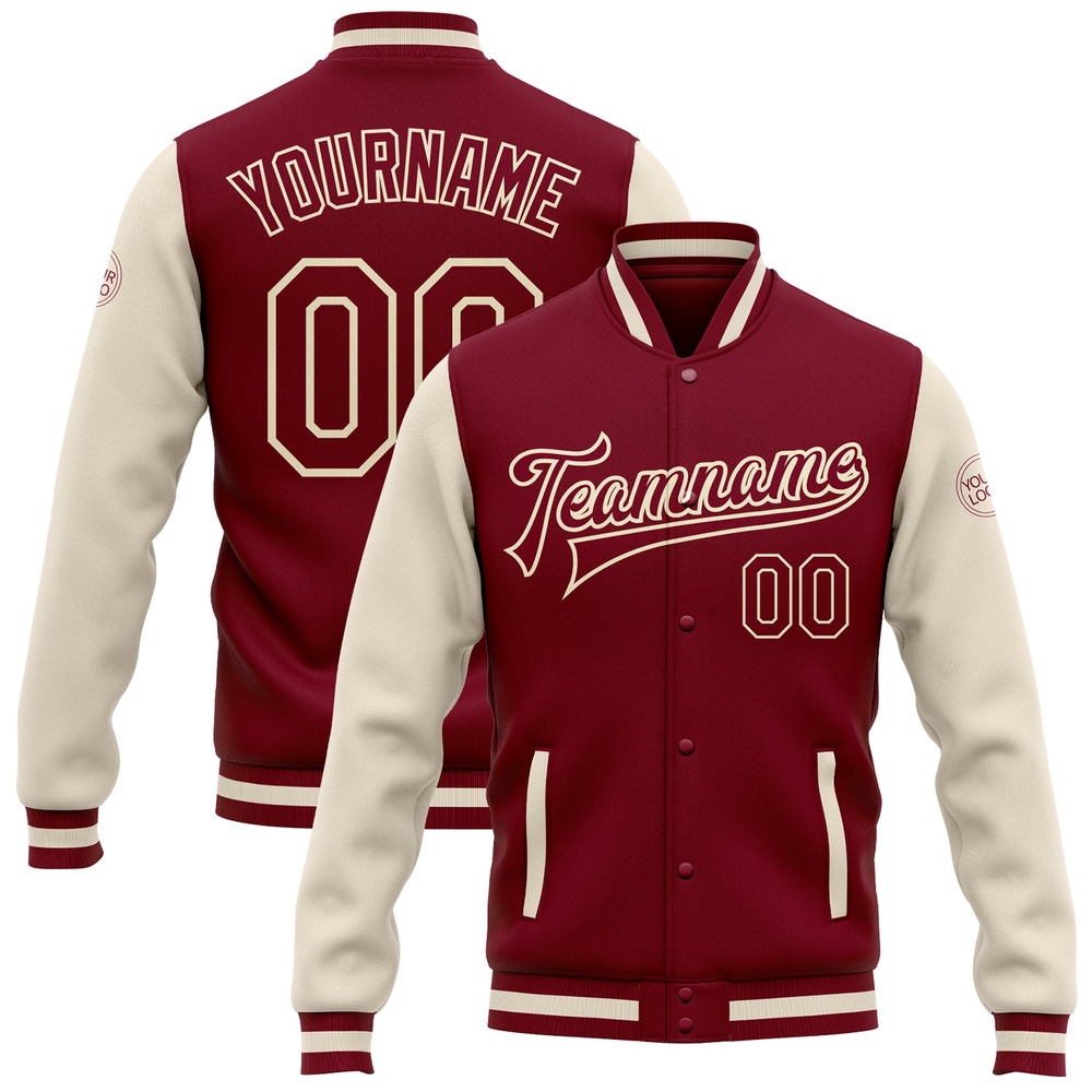 Custom Crimson Crimson Cream Maroon Bomber Full Snap Varsity Baseball Jacket, Custom Team Jacket