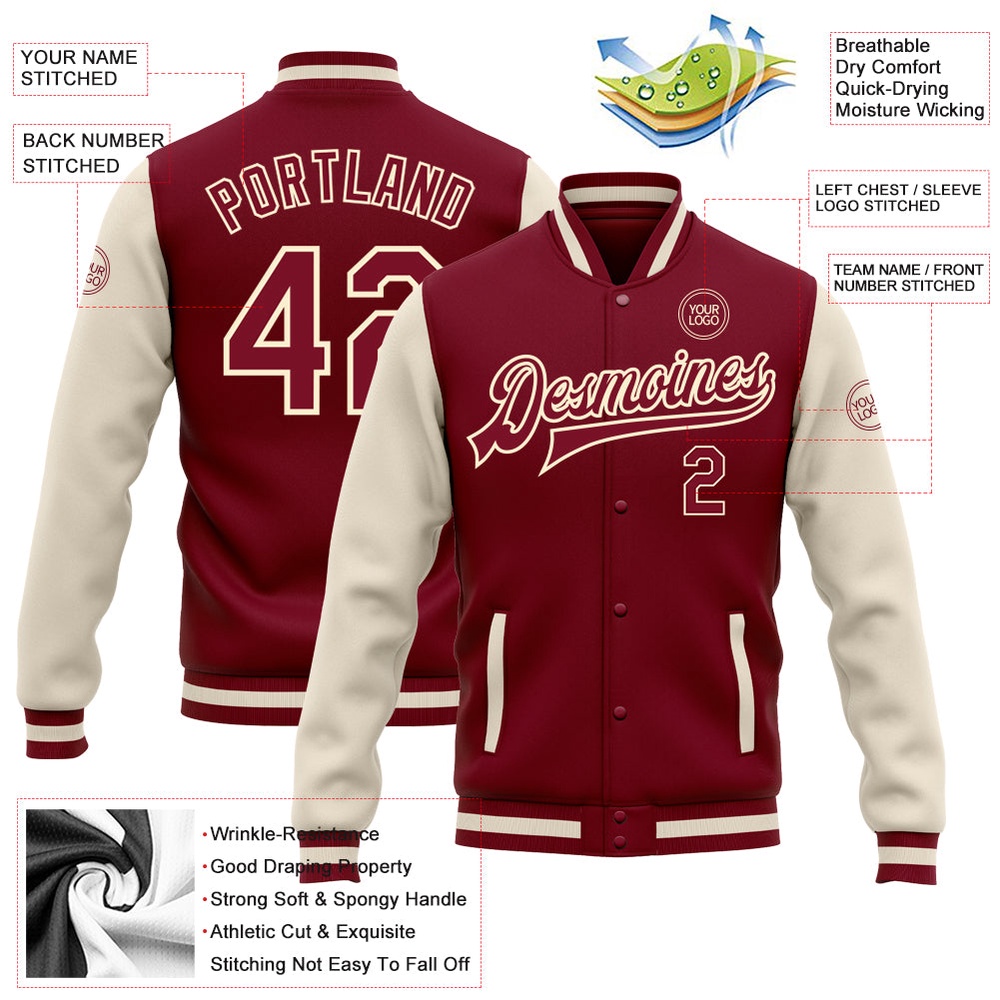 Custom Crimson Crimson Cream Maroon Bomber Full Snap Varsity Baseball Jacket, Custom Team Jacket