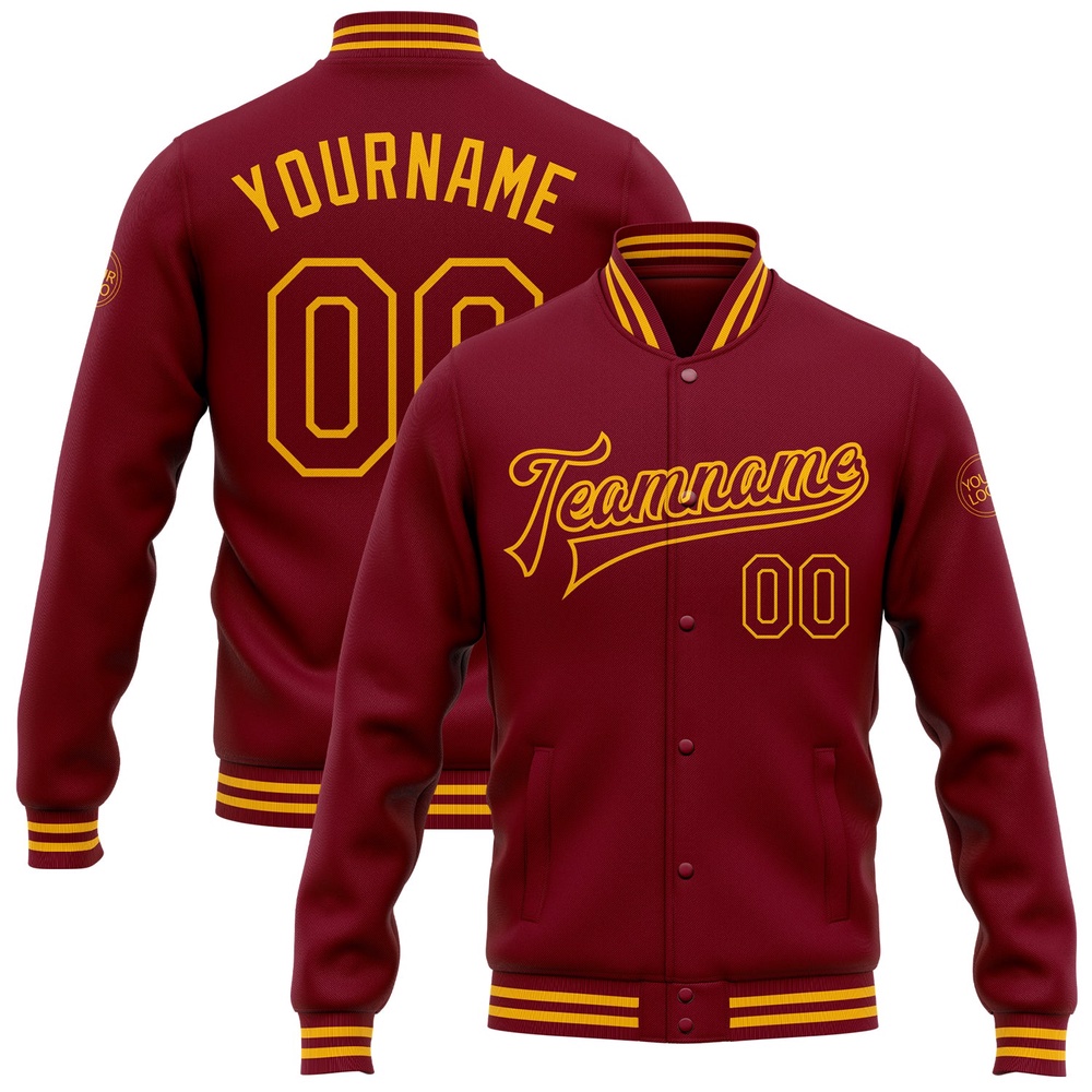 Custom Crimson Gold Bomber Full Snap Baseball Jacket, Custom Team Jacket