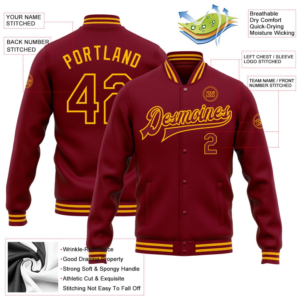Custom Crimson Gold Bomber Full Snap Baseball Jacket, Custom Team Jacket