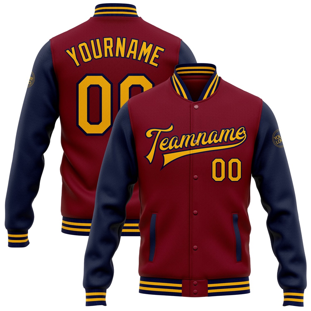 Custom Crimson Gold Navy Bomber Full Snap Varsity Baseball Jacket, Custom Team Jacket