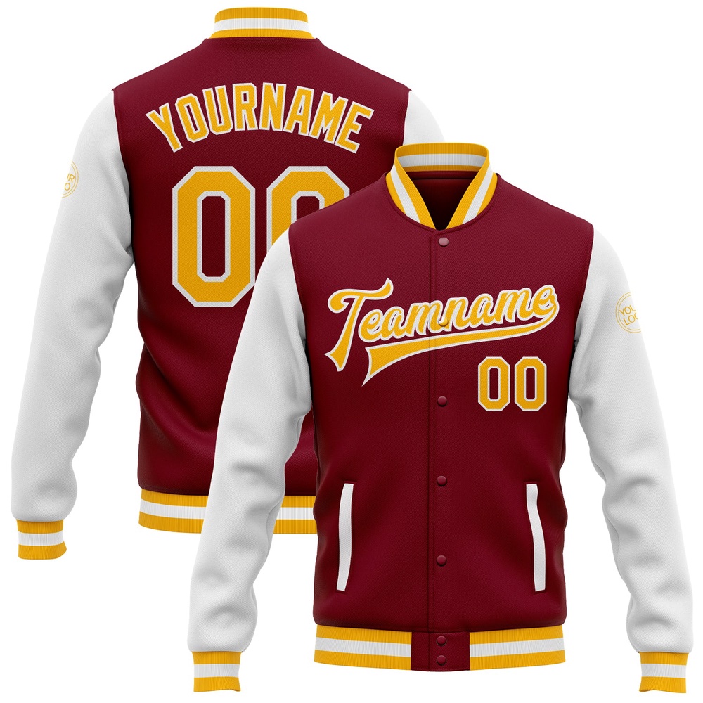 Custom Crimson Gold White Bomber Full Snap Varsity Baseball Jacket, Custom Team Jacket