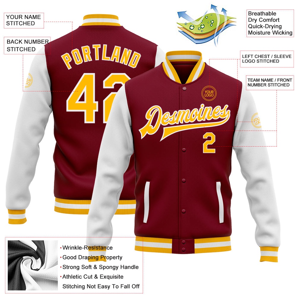 Custom Crimson Gold White Bomber Full Snap Varsity Baseball Jacket, Custom Team Jacket