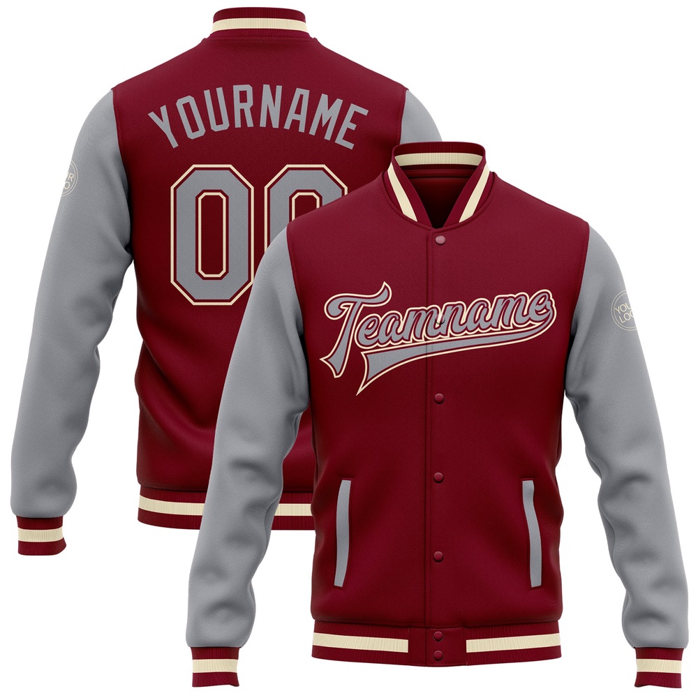 Custom Crimson Gray Cream Bomber Full Snap Varsity Baseball Jacket, Custom Team Jacket