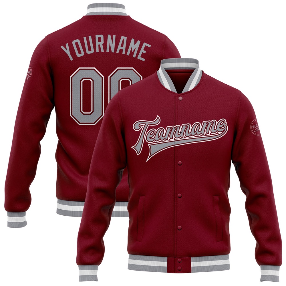 Custom Crimson Gray White Bomber Full Snap Baseball Jacket, Custom Team Jacket