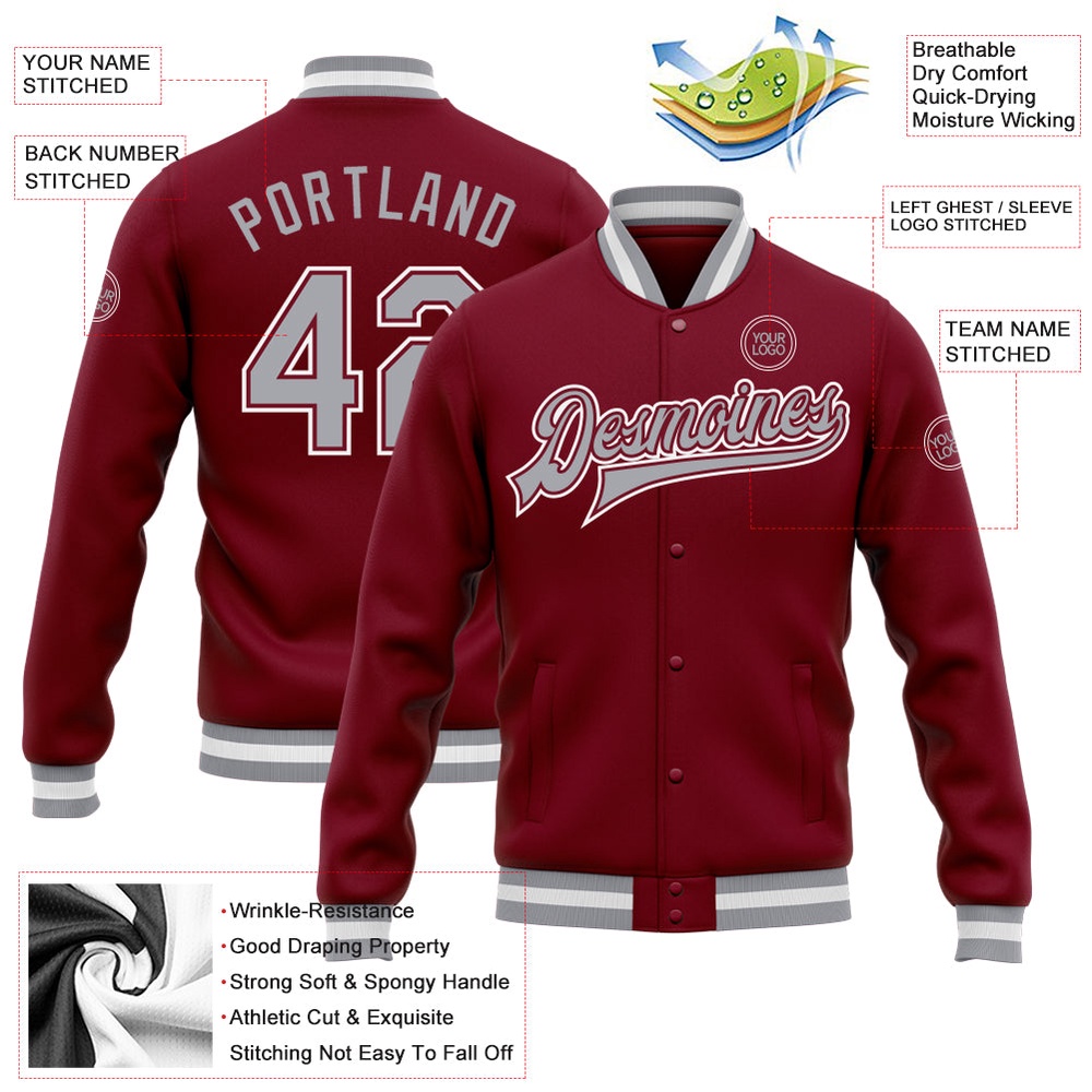 Custom Crimson Gray White Bomber Full Snap Baseball Jacket, Custom Team Jacket