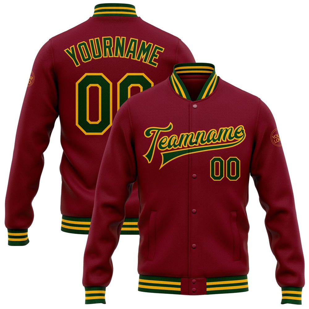 Custom Crimson Green Gold Bomber Full Snap Baseball Jacket, Custom Team Jacket