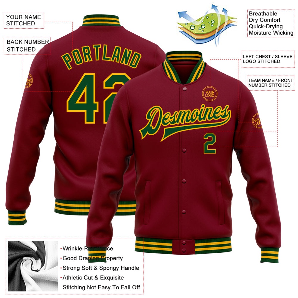 Custom Crimson Green Gold Bomber Full Snap Baseball Jacket, Custom Team Jacket