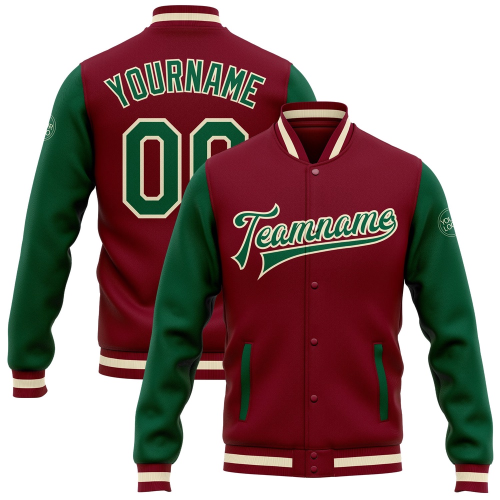 Custom Crimson Kelly Green Cream Bomber Full Snap Varsity Baseball Jacket, Custom Team Jacket