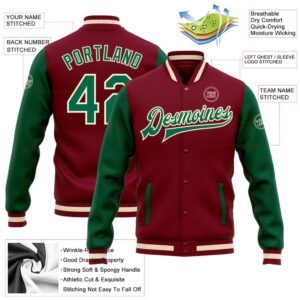 Custom Crimson Kelly Green Cream Bomber Full Snap Varsity Baseball Jacket Custom Team Jacket 2 kqylah.jpg