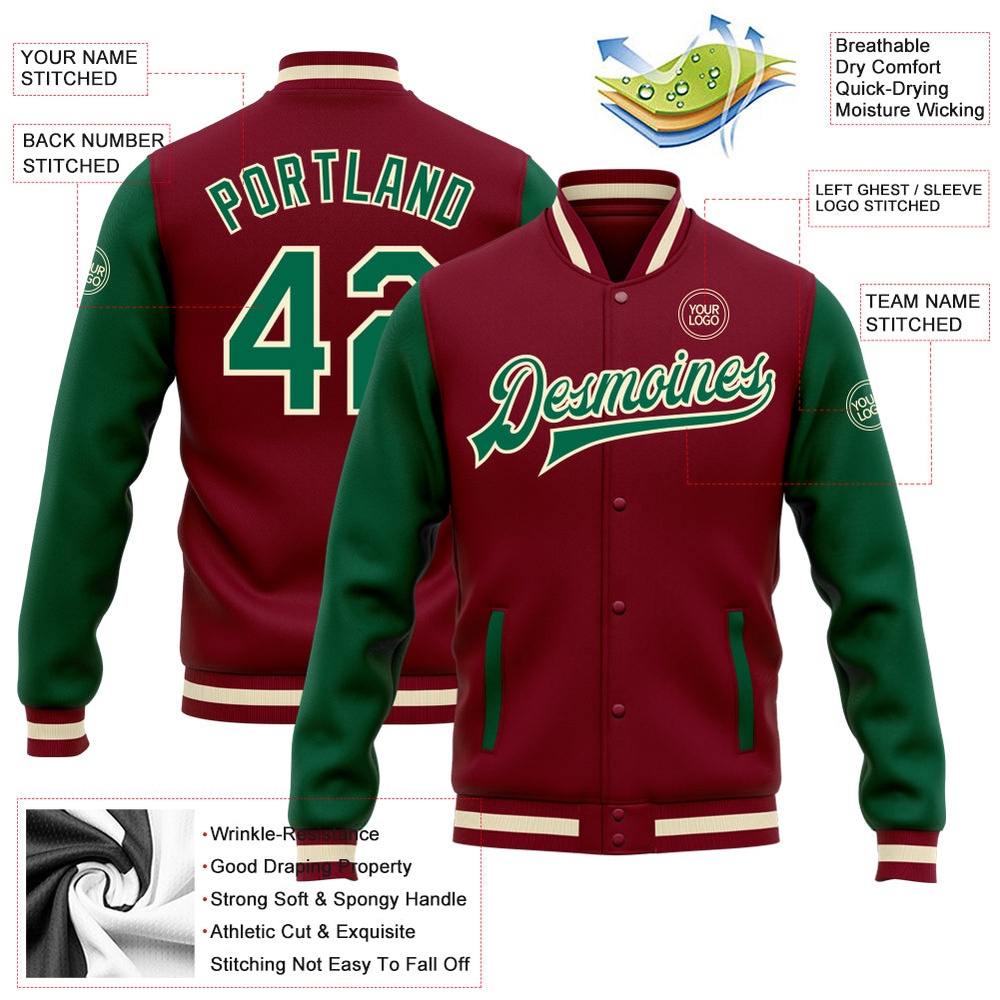 Custom Crimson Kelly Green Cream Bomber Full Snap Varsity Baseball Jacket, Custom Team Jacket