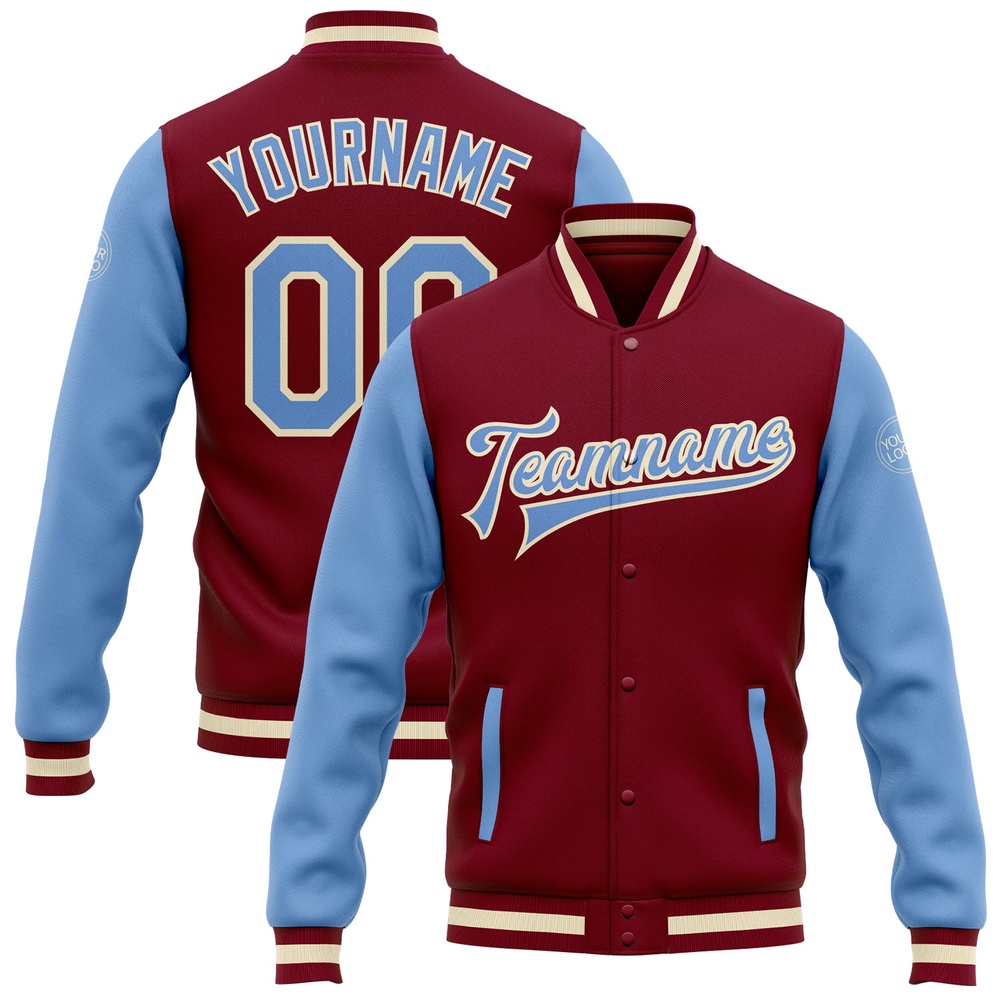 Custom Crimson Light Blue Cream Bomber Full Snap Varsity Baseball Jacket, Custom Team Jacket Custom Crimson Light Blue Cream Bomber Full Snap Varsity Baseball Jacket, Custom Team Jacket