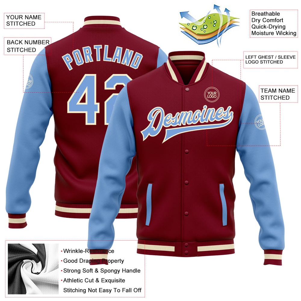 Custom Crimson Light Blue Cream Bomber Full Snap Varsity Baseball Jacket, Custom Team Jacket Custom Crimson Light Blue Cream Bomber Full Snap Varsity Baseball Jacket, Custom Team Jacket