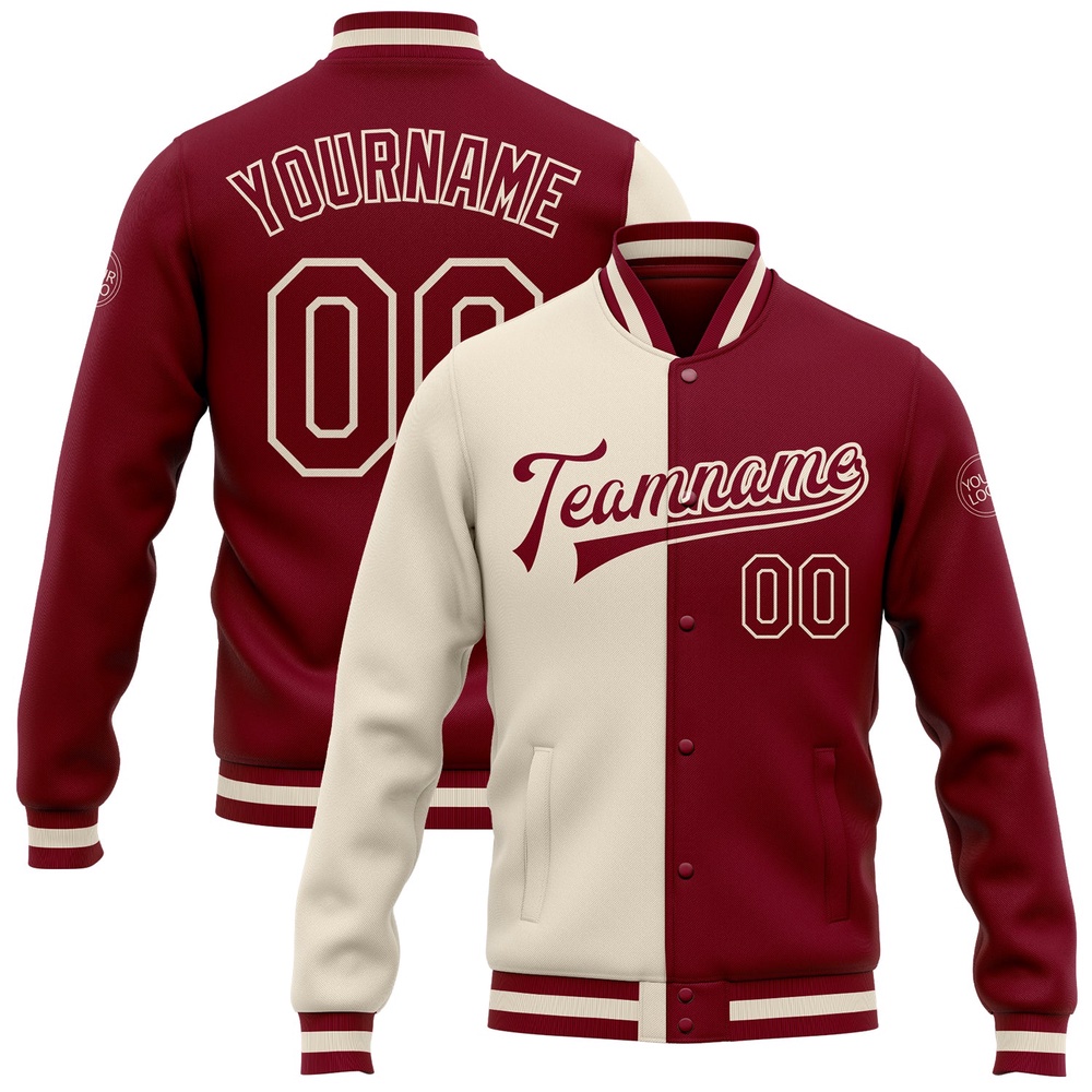 Custom Crimson Maroon Cream Bomber Full Snap Varsity Letterman Split Fashion Jacket, Custom Team Jacket Custom Crimson Maroon Cream Bomber Full Snap Varsity Letterman Split Fashion Jacket, Custom Team Jacket