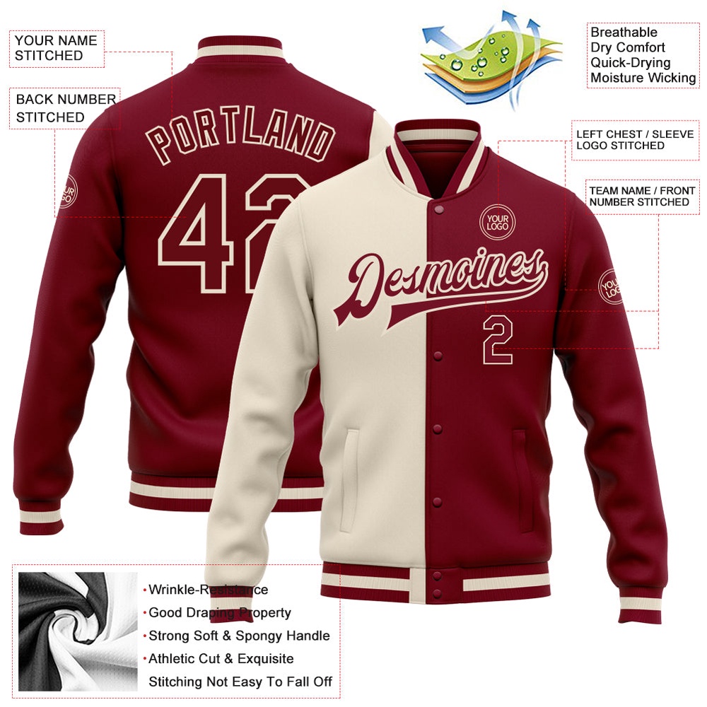 Custom Crimson Maroon Cream Bomber Full Snap Varsity Letterman Split Fashion Jacket, Custom Team Jacket Custom Crimson Maroon Cream Bomber Full Snap Varsity Letterman Split Fashion Jacket, Custom Team Jacket