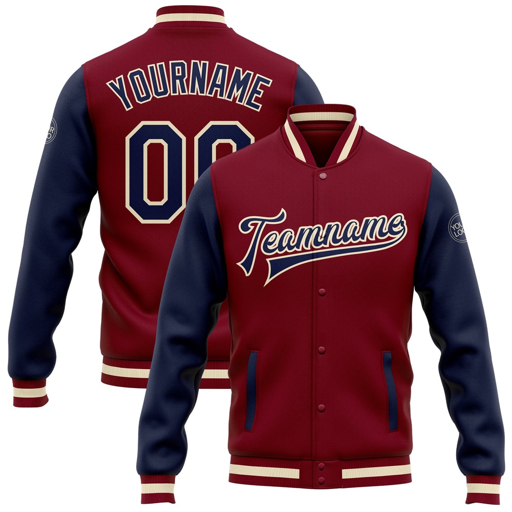 Custom Crimson Navy Cream Bomber Full Snap Varsity Baseball Jacket, Custom Team Jacket Custom Crimson Navy Cream Bomber Full Snap Varsity Baseball Jacket, Custom Team Jacket
