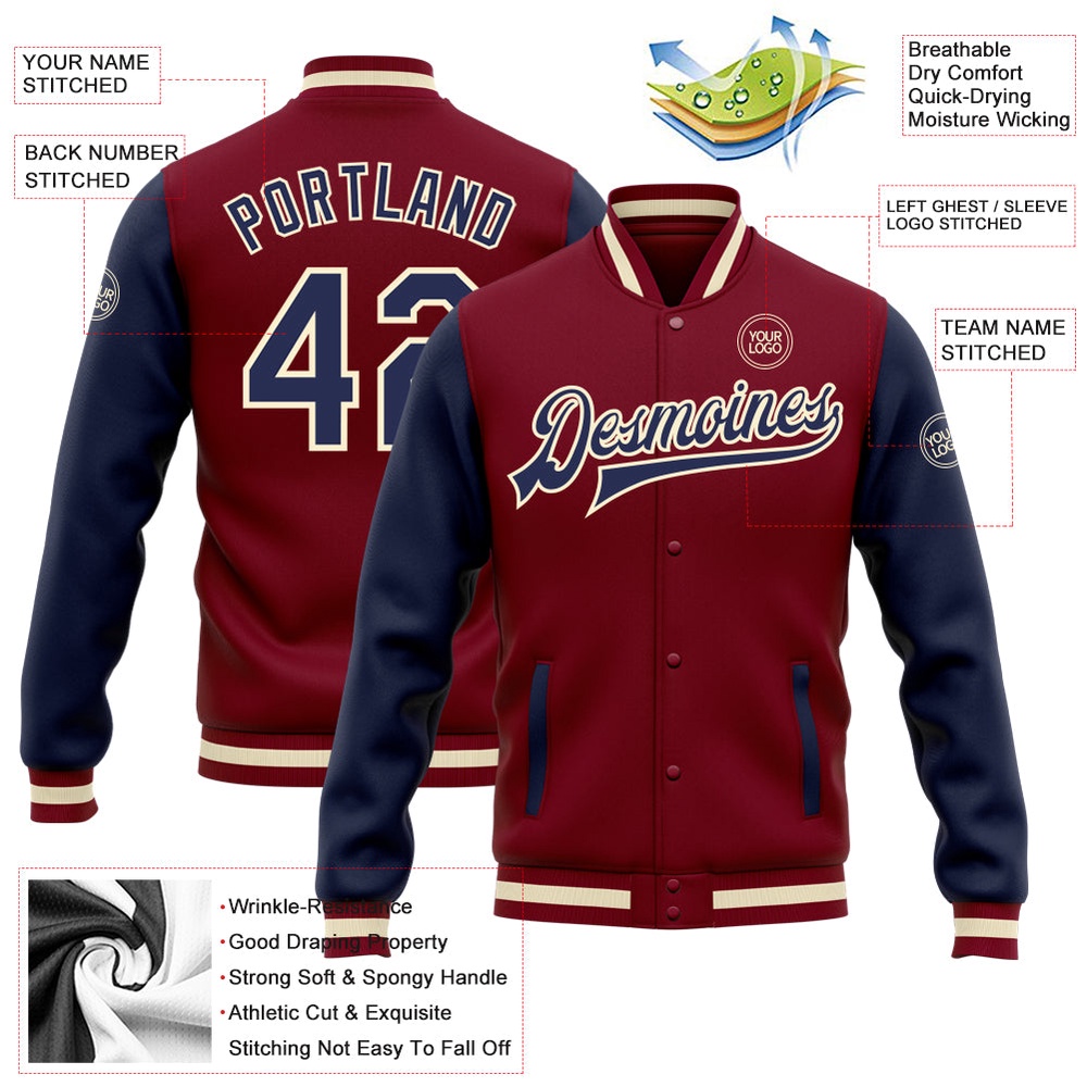 Custom Crimson Navy Cream Bomber Full Snap Varsity Baseball Jacket, Custom Team Jacket Custom Crimson Navy Cream Bomber Full Snap Varsity Baseball Jacket, Custom Team Jacket