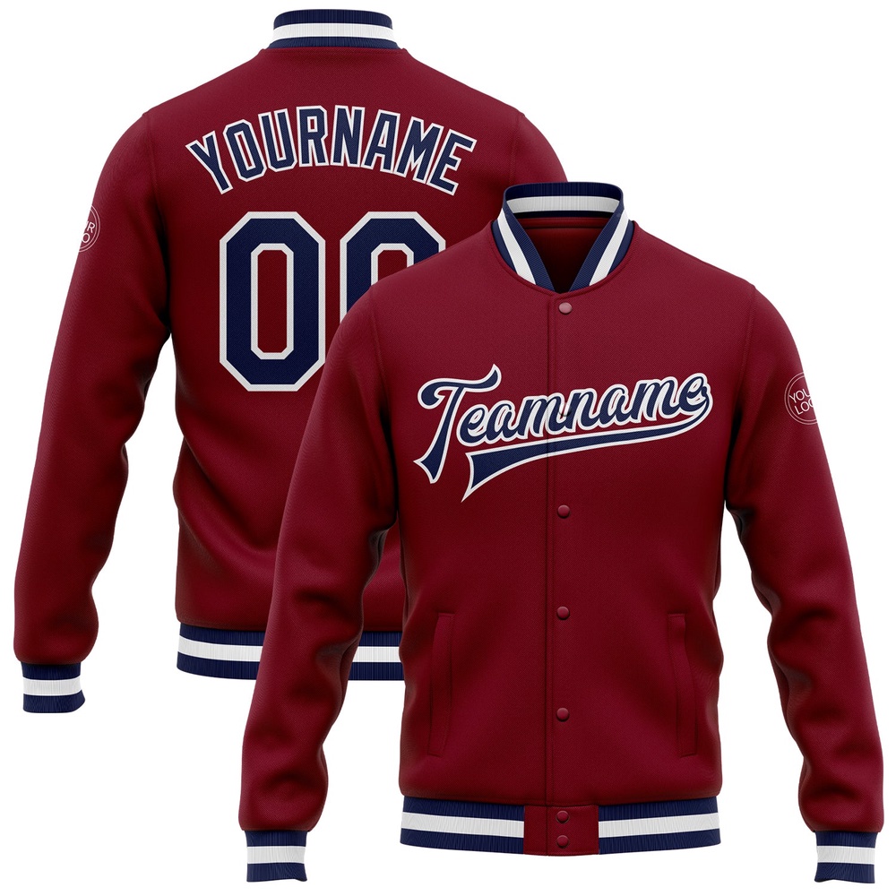 Custom Crimson Navy White Bomber Full Snap Baseball Jacket, Custom Team Jacket