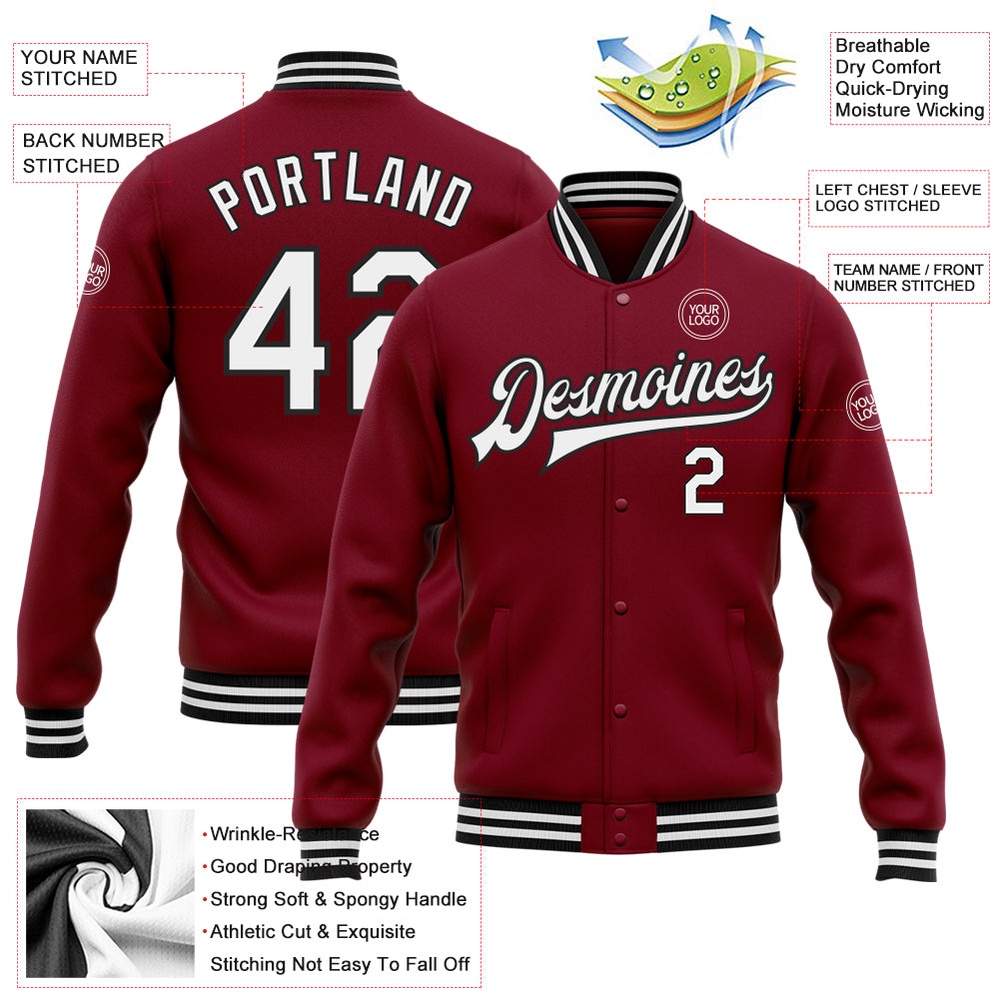 Custom Crimson White Black Bomber Full Snap Baseball Jacket, Custom Team Jacket