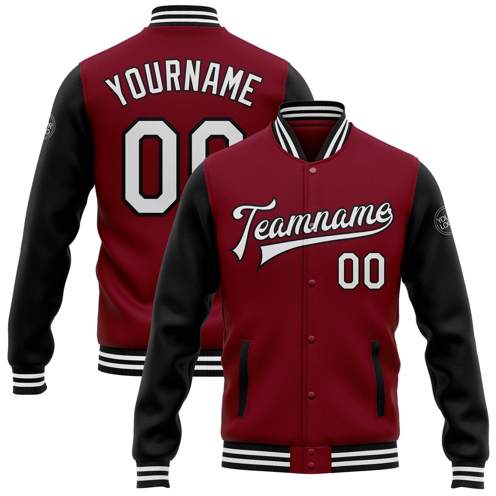 Custom Crimson White Black Bomber Full Snap Varsity Baseball Jacket, Custom Team Jacket