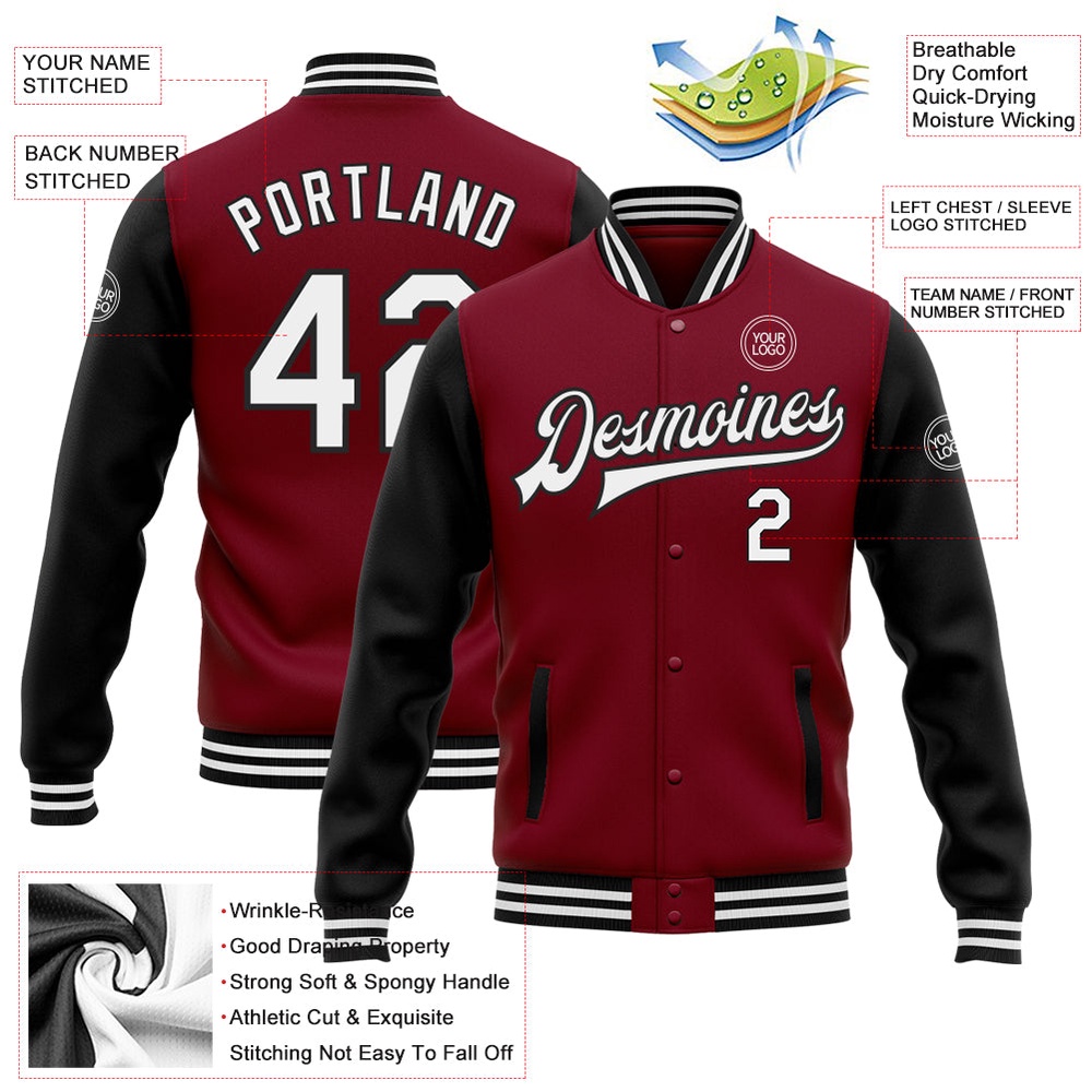 Custom Crimson White Black Bomber Full Snap Varsity Baseball Jacket, Custom Team Jacket