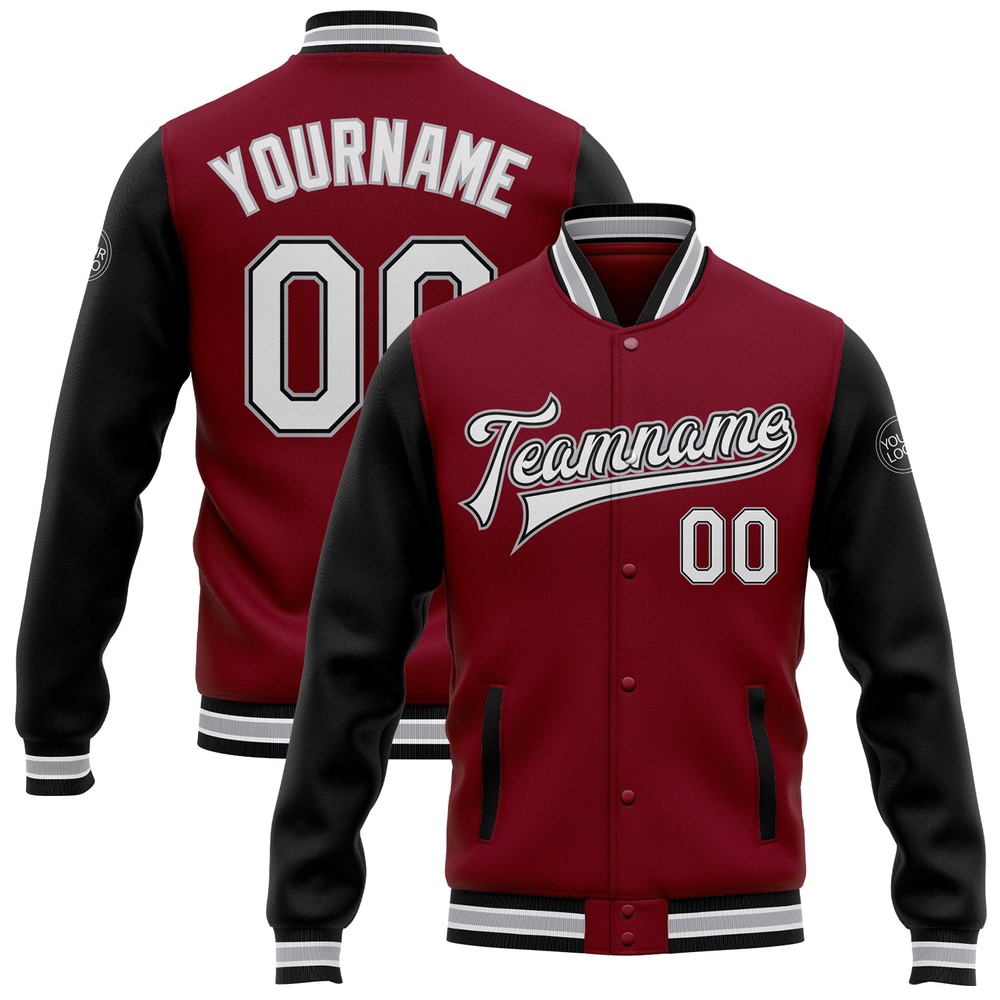 Custom Crimson White Black Gray Bomber Full Snap Varsity Baseball Jacket, Custom Team Jacket