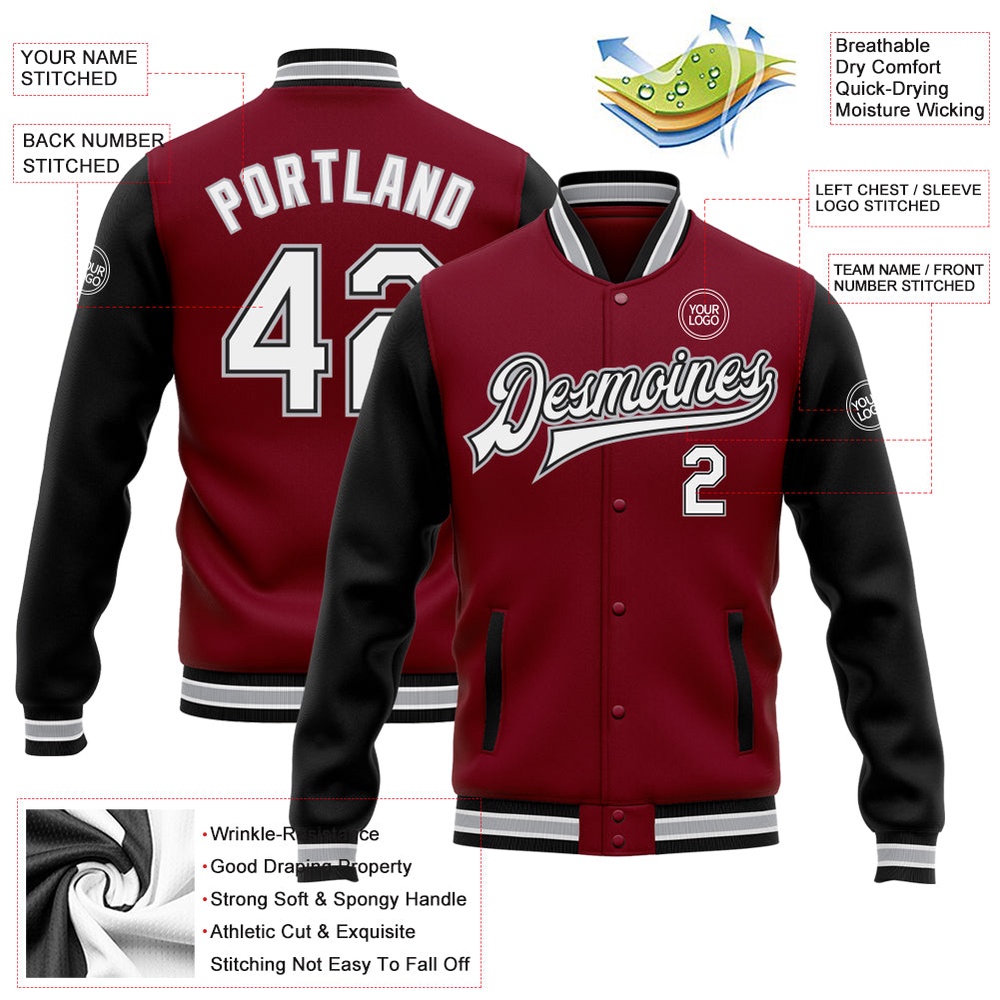 Custom Crimson White Black Gray Bomber Full Snap Varsity Baseball Jacket, Custom Team Jacket