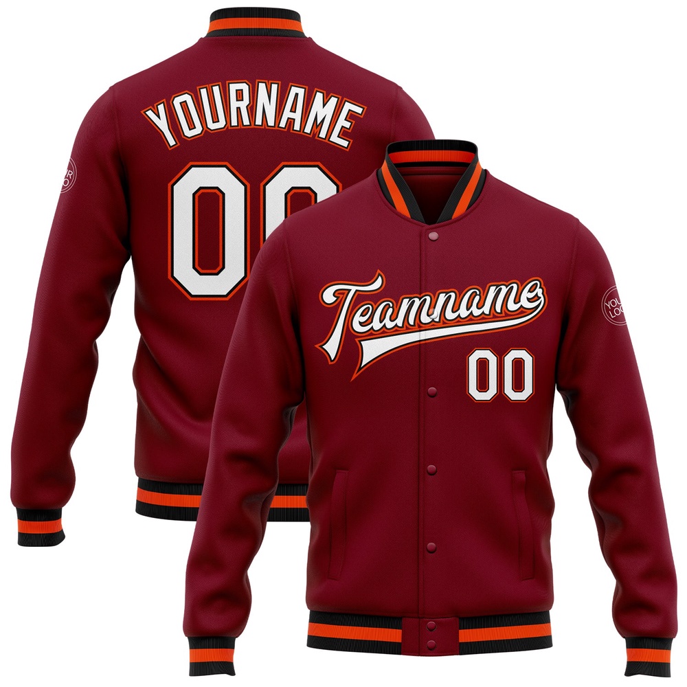 Custom Crimson White Black Orange Bomber Full Snap Baseball Jacket, Custom Team Jacket Custom Crimson White Black Orange Bomber Full Snap Baseball Jacket, Custom Team Jacket