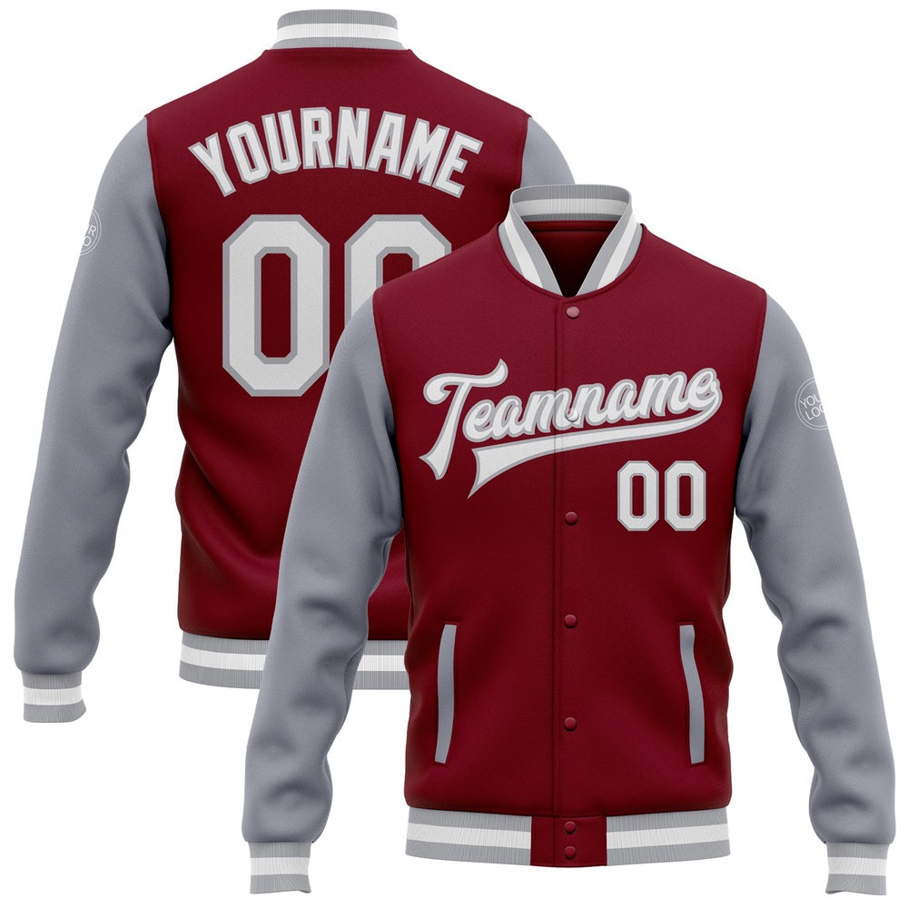 Custom Crimson White Gray Bomber Full Snap Varsity Baseball Jacket, Custom Team Jacket