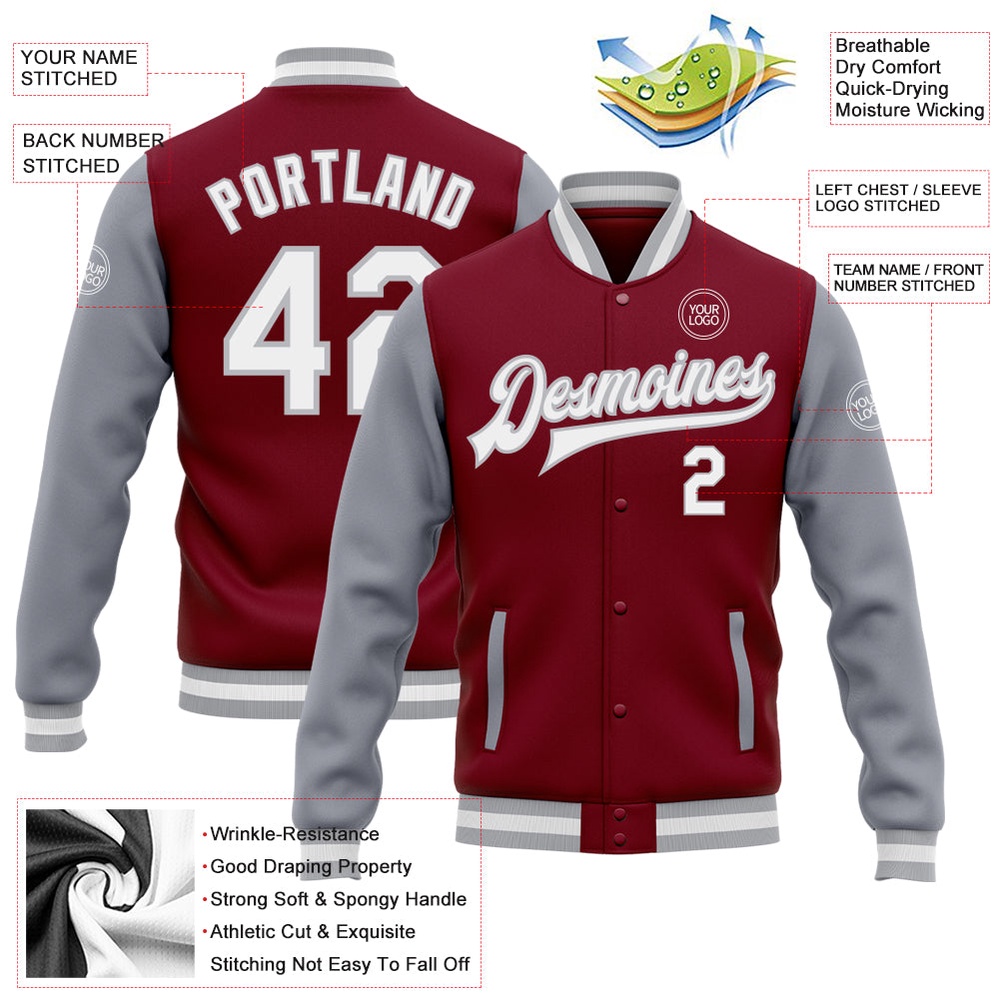 Custom Crimson White Gray Bomber Full Snap Varsity Baseball Jacket, Custom Team Jacket