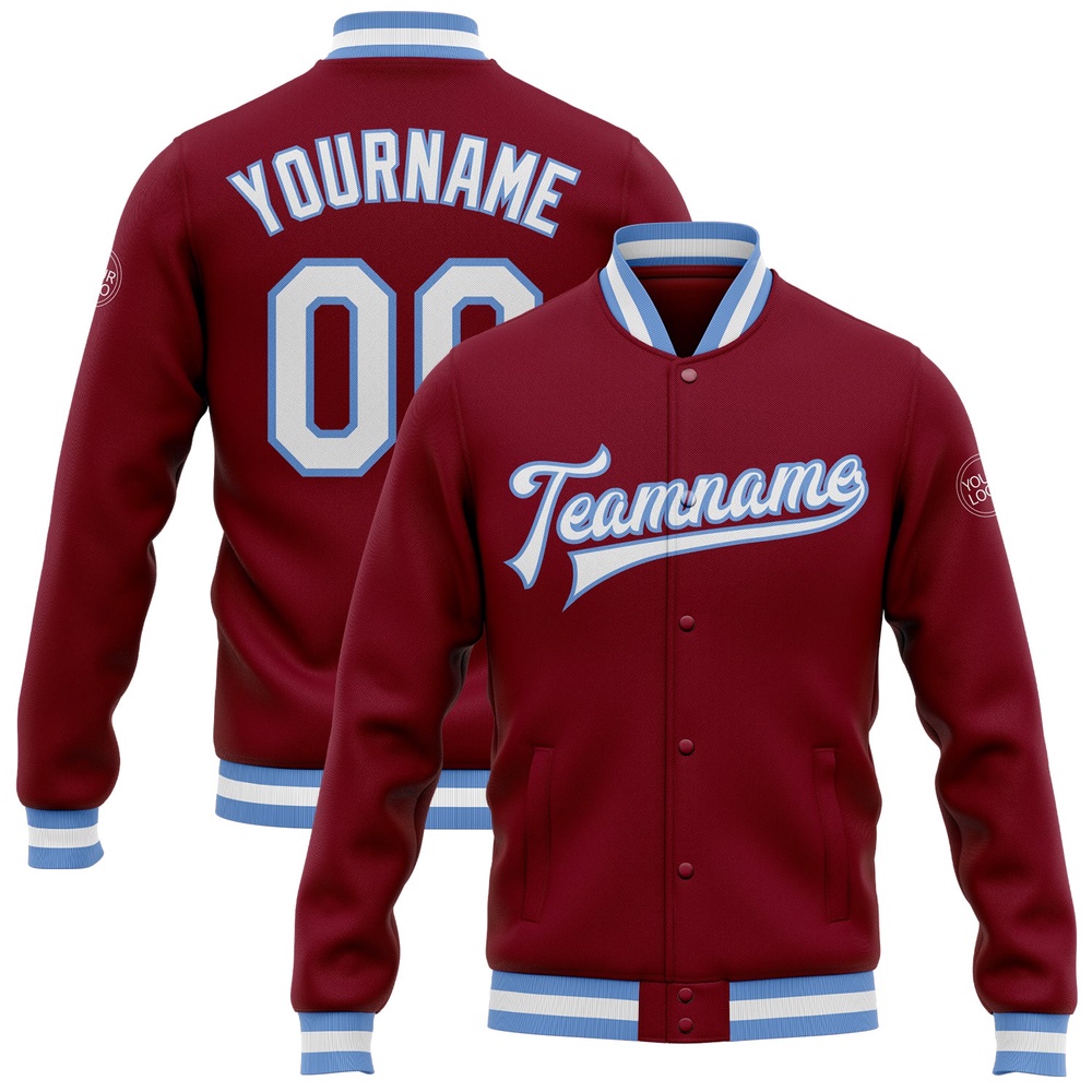 Custom Crimson White Light Blue Bomber Full Snap Baseball Jacket, Custom Team Jacket Custom Crimson White Light Blue Bomber Full Snap Baseball Jacket, Custom Team Jacket