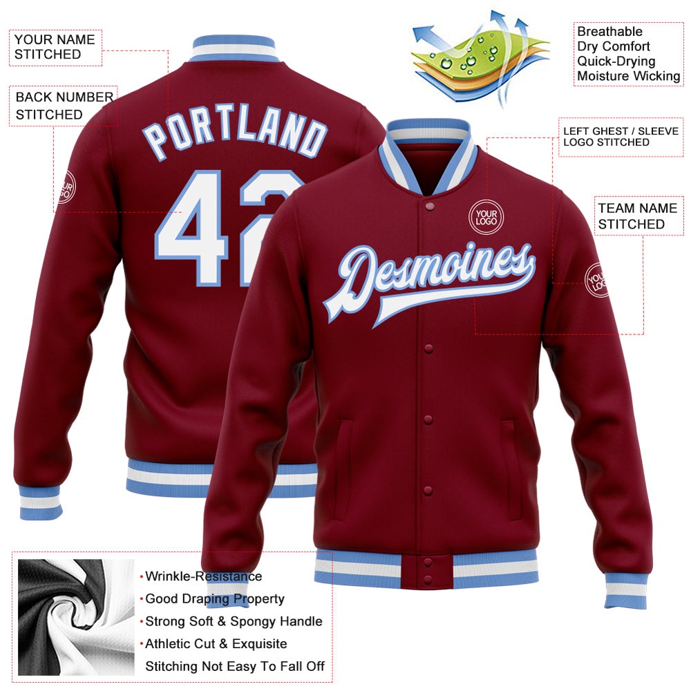 Custom Crimson White Light Blue Bomber Full Snap Baseball Jacket, Custom Team Jacket Custom Crimson White Light Blue Bomber Full Snap Baseball Jacket, Custom Team Jacket