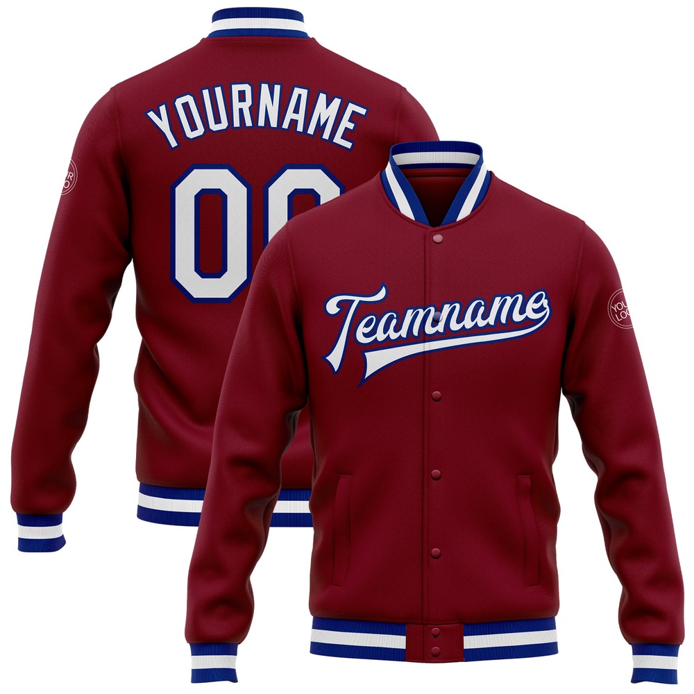 Custom Crimson White Royal Bomber Full Snap Baseball Jacket, Custom Team Jacket