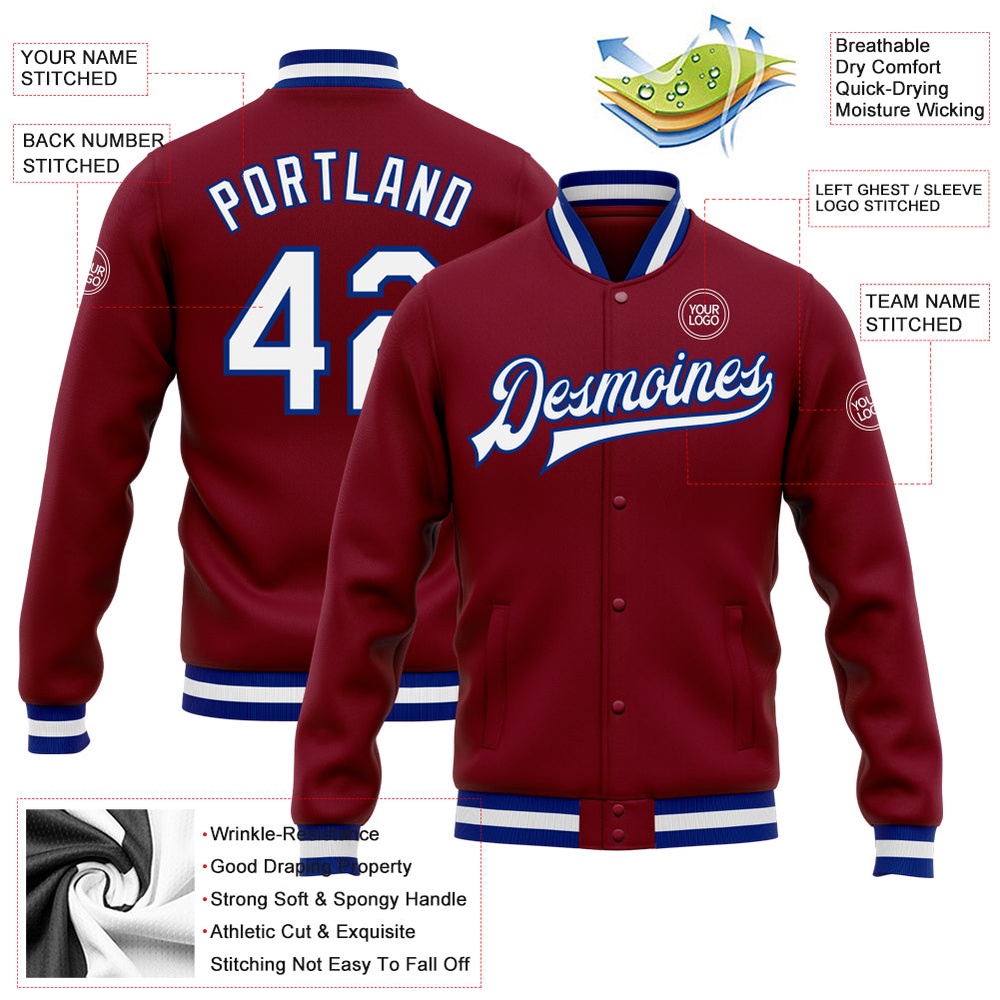 Custom Crimson White Royal Bomber Full Snap Baseball Jacket, Custom Team Jacket