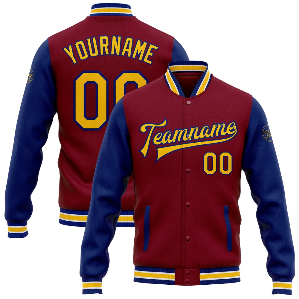 Custom Crimson Yellow Royal Bomber Full Snap Varsity Baseball Jacket, Custom Team Jacket