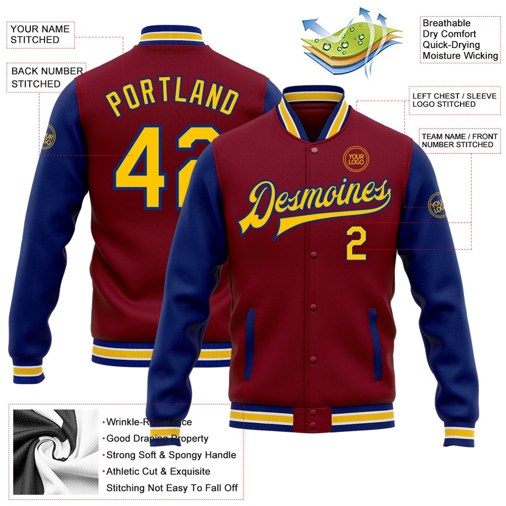 Custom Crimson Yellow Royal Bomber Full Snap Varsity Baseball Jacket, Custom Team Jacket