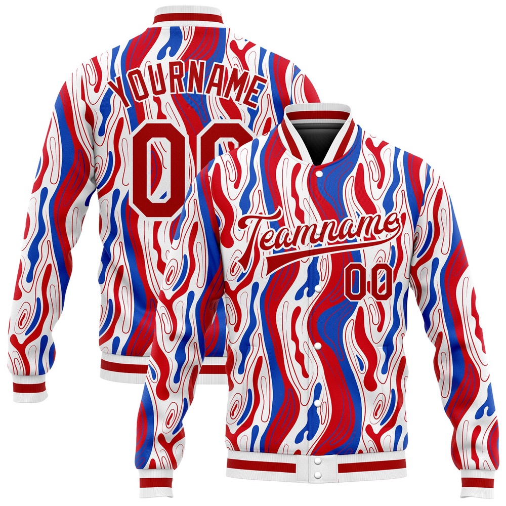 Custom Figure Red Royal 3D Pattern Design Bomber Full Snap Baseball Jacket, Custom Team Jacket