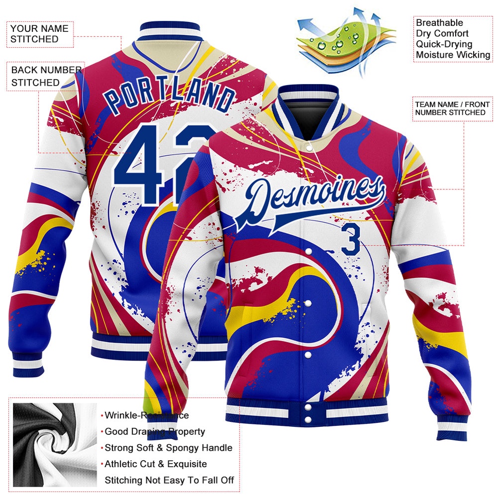 Custom Figure Royal Red 3D Pattern Design Bomber Full Snap Baseball Jacket, Custom Team Jacket