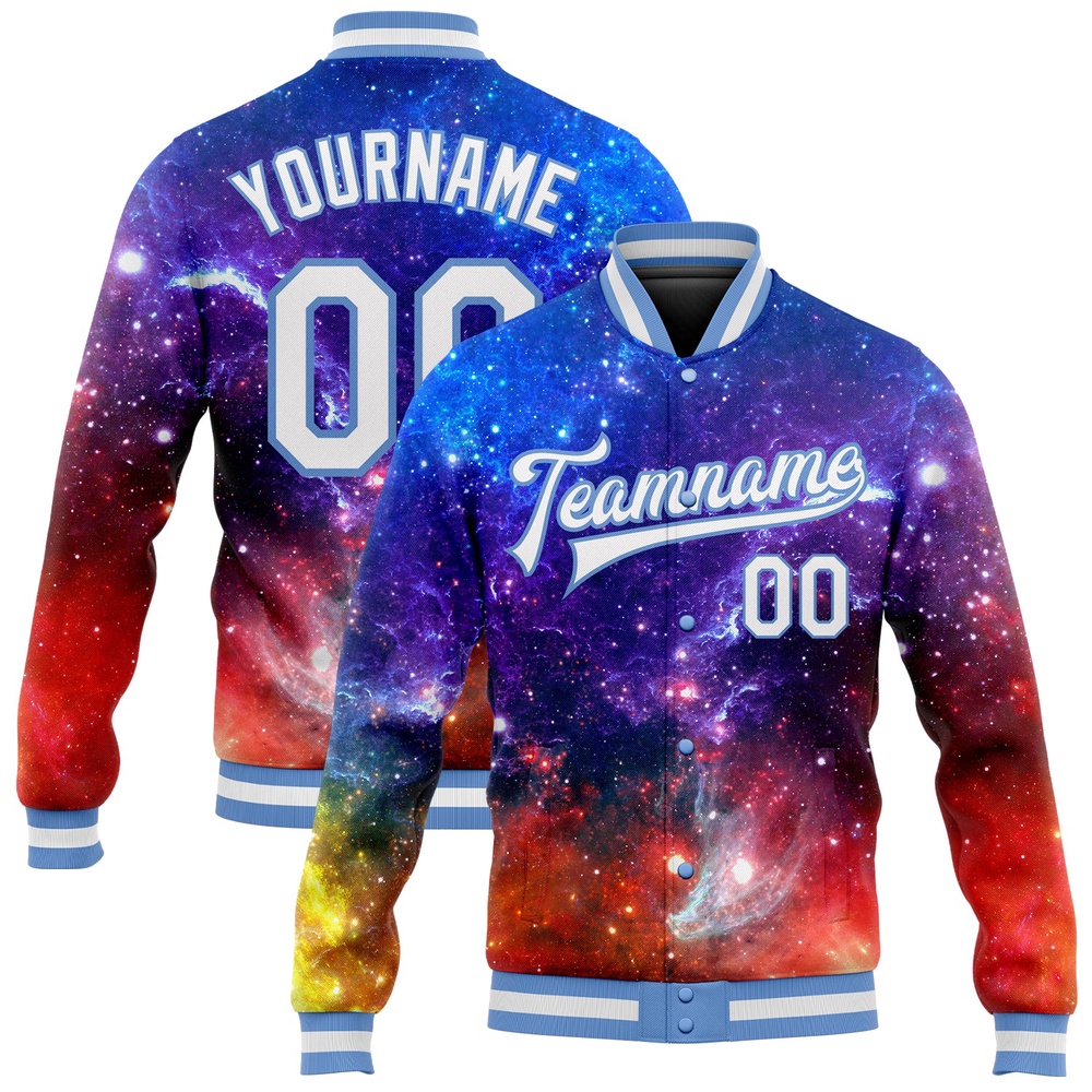 Custom Galactic White Light Blue 3D Bomber Full Snap Baseball Jacket, Custom Team Jacket