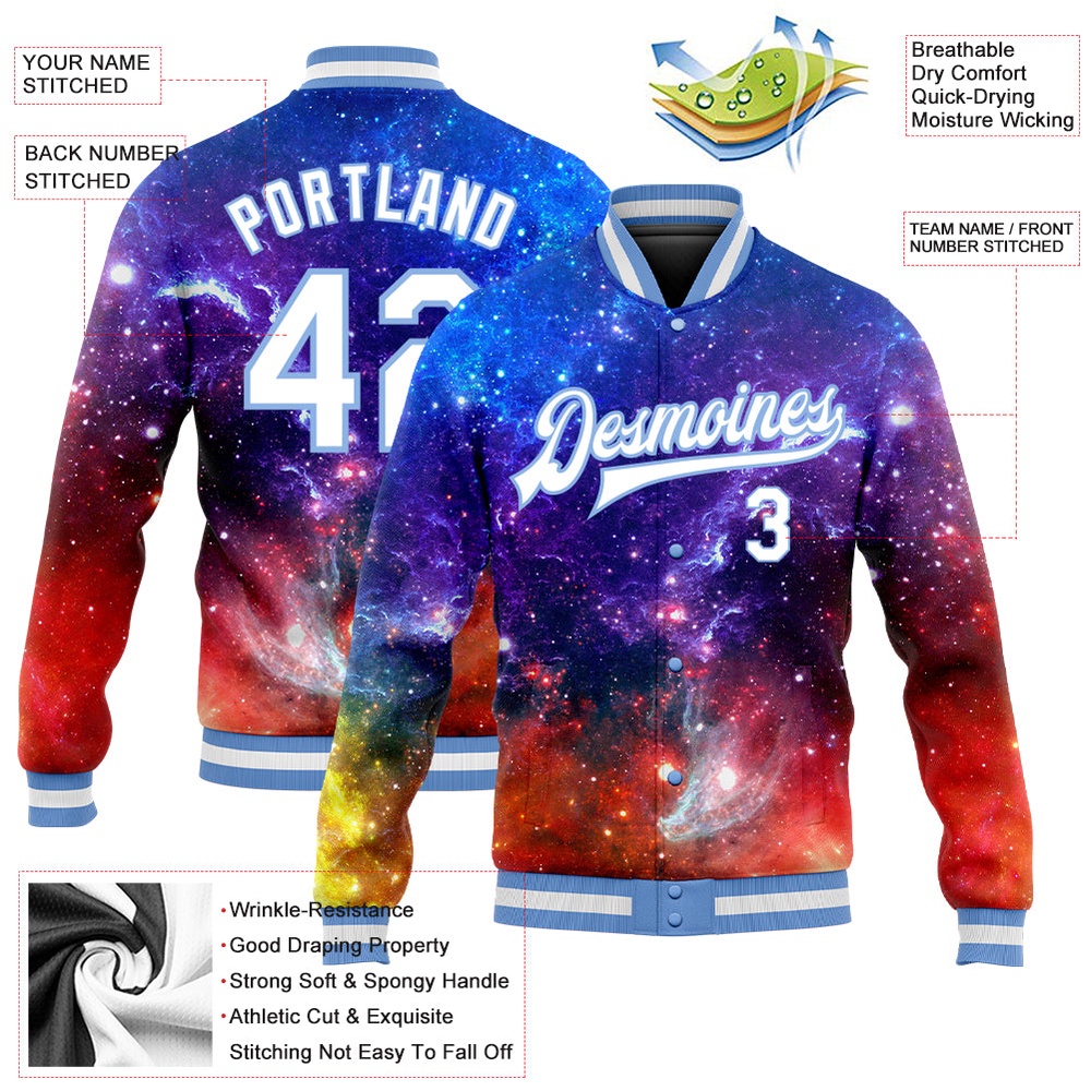 Custom Galactic White Light Blue 3D Bomber Full Snap Baseball Jacket, Custom Team Jacket